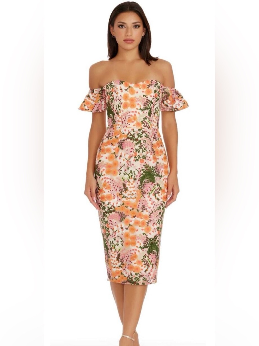 NWT Dress the Population Tara Dress in Apricot Multi Sz. S